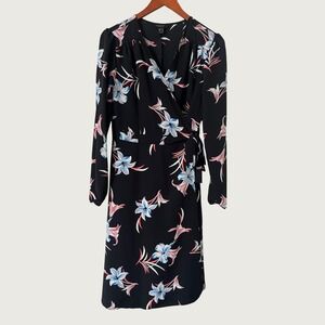 Atmosphere Black Floral Long Sleeve Wrap Dress Size 10 Tropical Lily Print